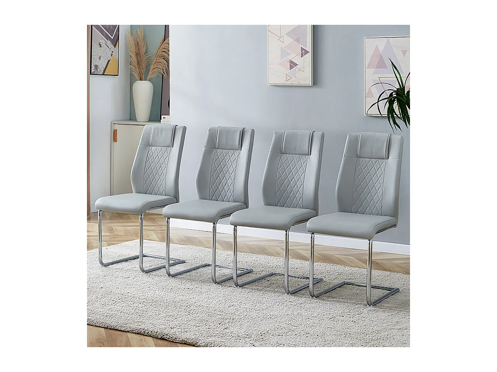 Chaise salle à manger PU gris clair style nordique lot de 4 dossier maille pieds métal argenté antidérapants