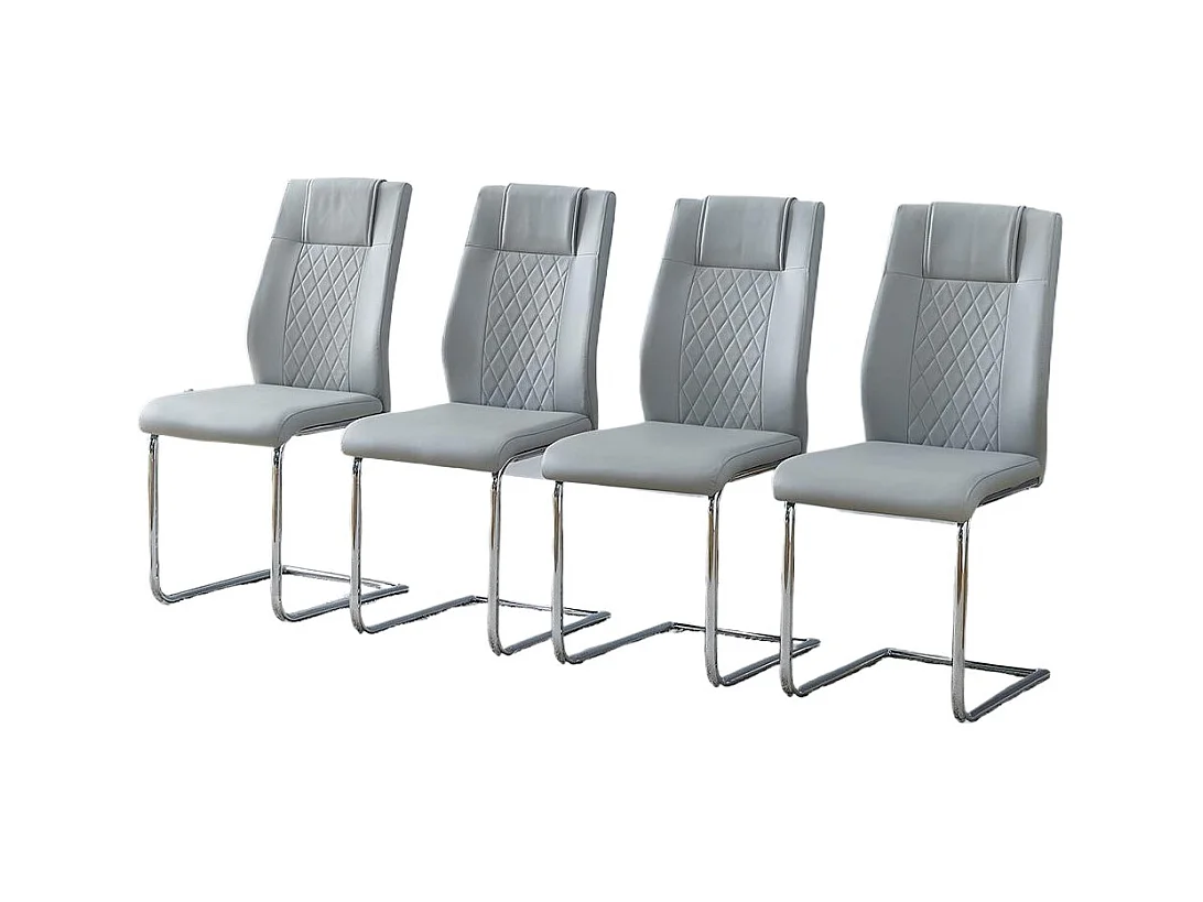 Chaise salle à manger PU gris clair style nordique lot de 4 dossier maille pieds métal argenté antidérapants