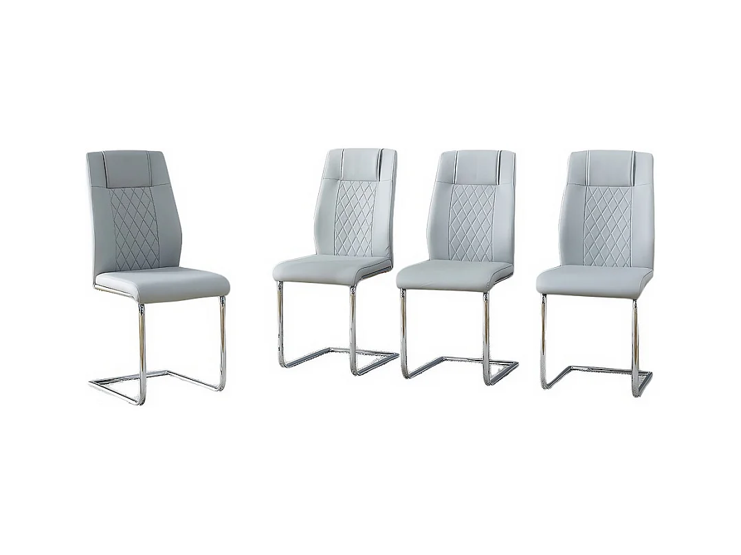 Chaise salle à manger PU gris clair style nordique lot de 4 dossier maille pieds métal argenté antidérapants