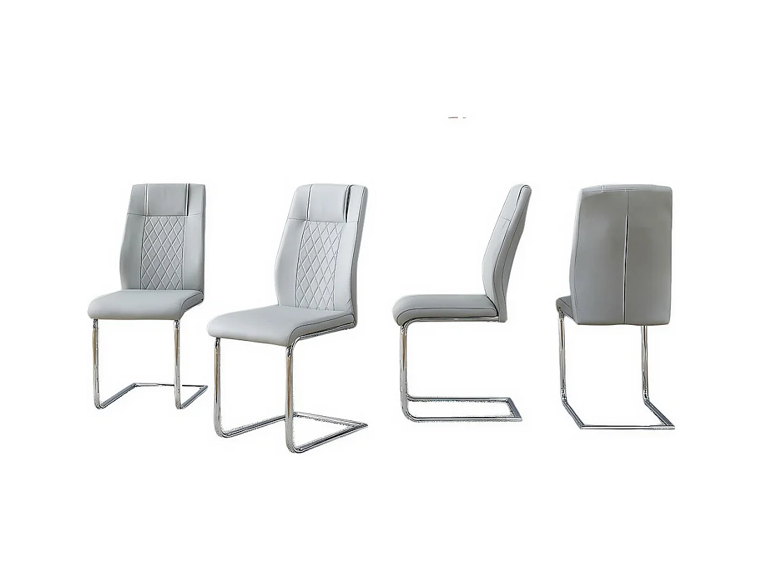 Chaise salle à manger PU gris clair style nordique lot de 4 dossier maille pieds métal argenté antidérapants