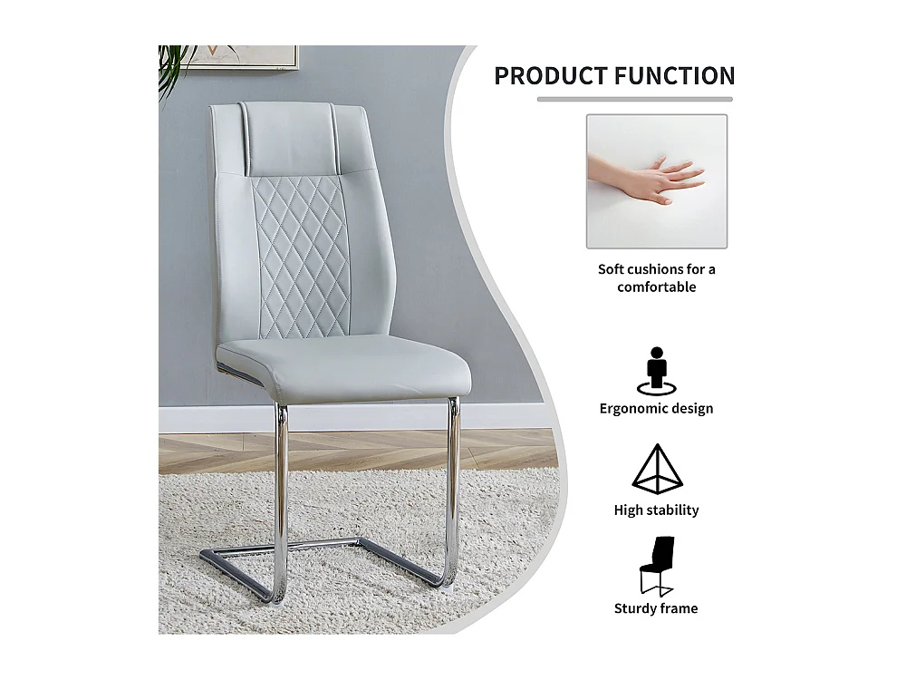 Chaise salle à manger PU gris clair style nordique lot de 4 dossier maille pieds métal argenté antidérapants