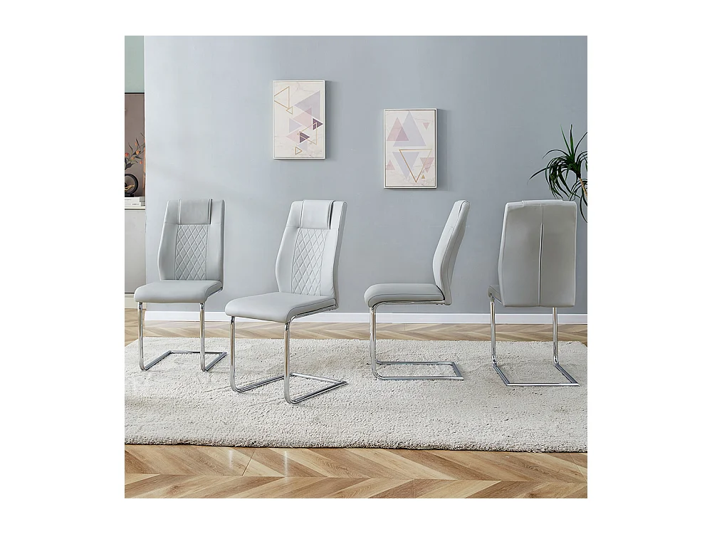 Chaise salle à manger PU gris clair style nordique lot de 4 dossier maille pieds métal argenté antidérapants