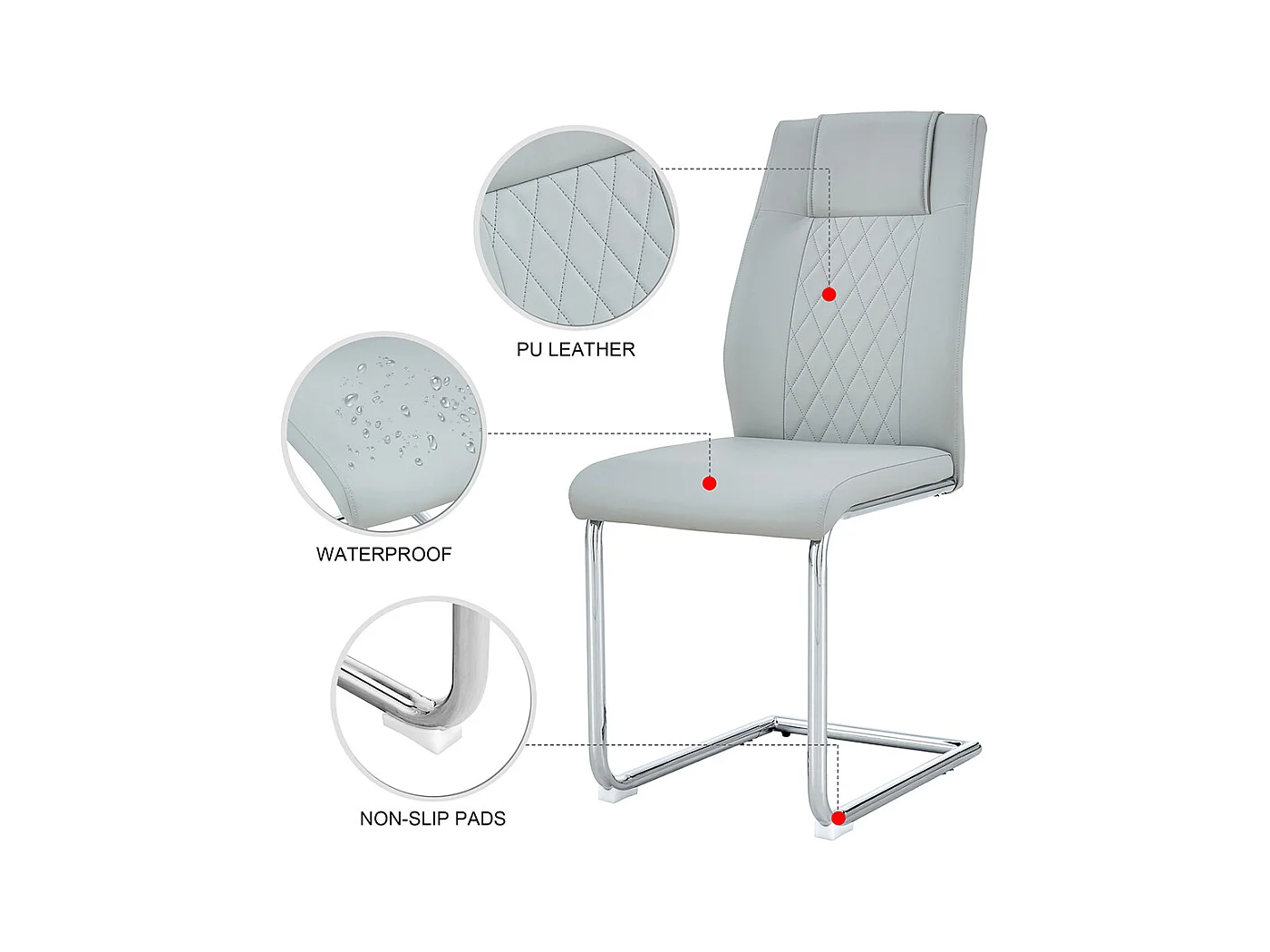 Chaise salle à manger PU gris clair style nordique lot de 4 dossier maille pieds métal argenté antidérapants