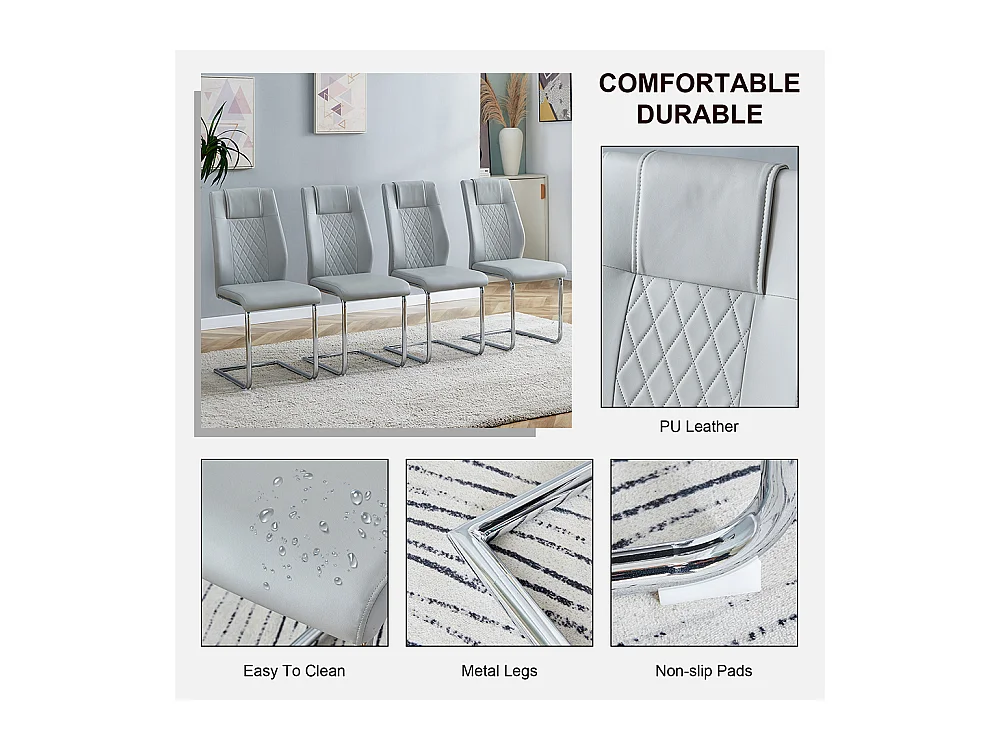 Chaise salle à manger PU gris clair style nordique lot de 4 dossier maille pieds métal argenté antidérapants