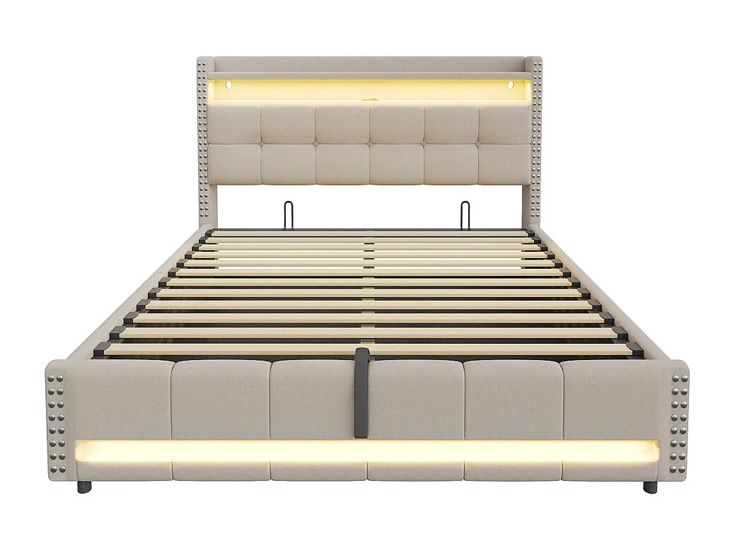 Lit coffre rembourré 180x200 avec éclairage LED et prise USB tête de lit avec étagères et espace de rangement tissu en lin beige
