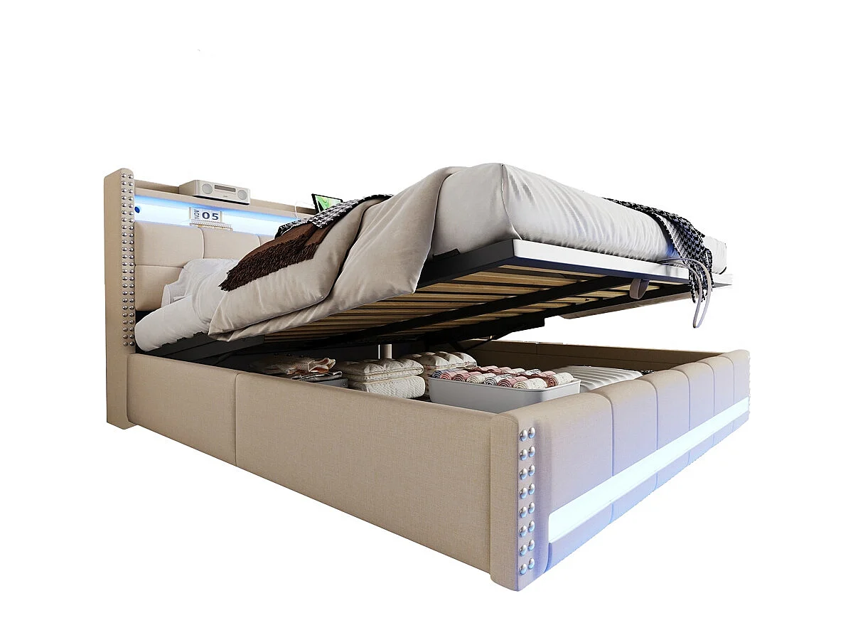 Lit coffre rembourré 180x200 avec éclairage LED et prise USB tête de lit avec étagères et espace de rangement tissu en lin beige