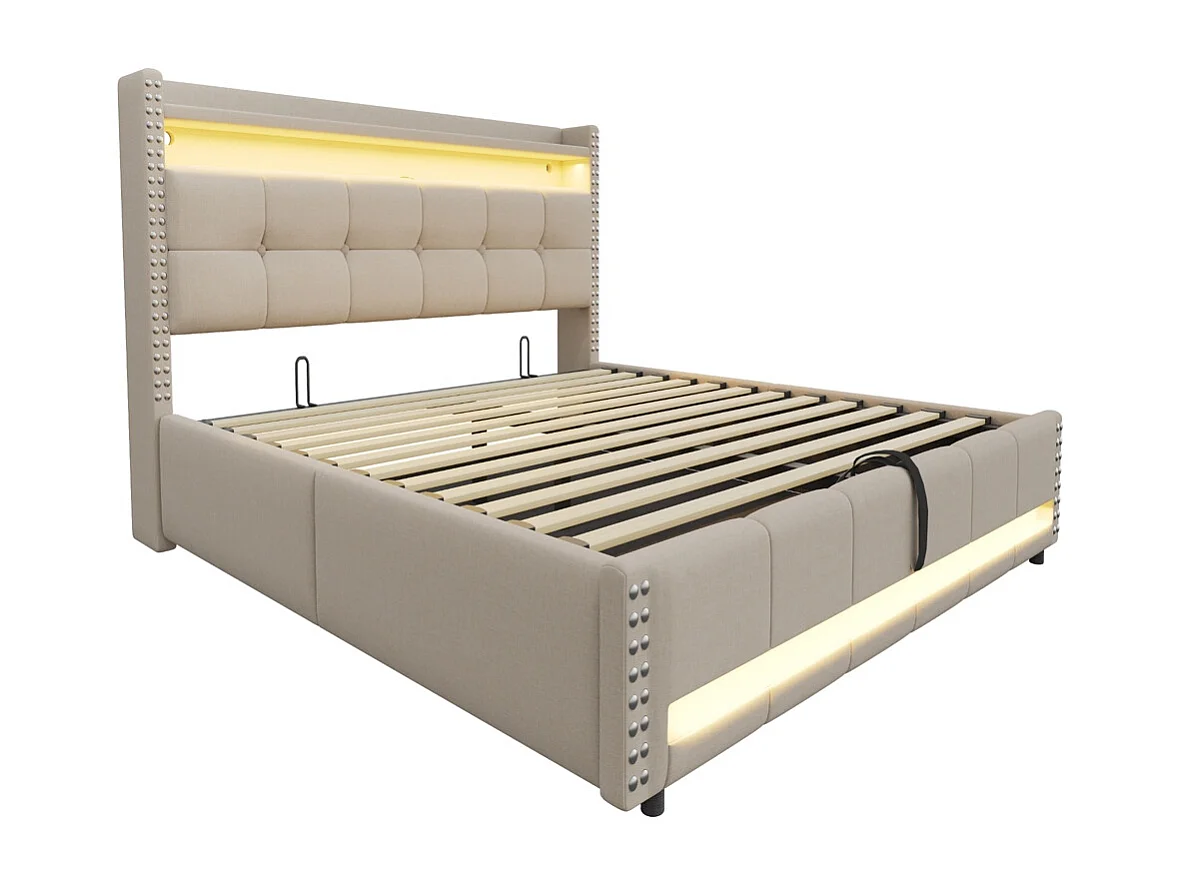 Lit coffre rembourré 180x200 avec éclairage LED et prise USB tête de lit avec étagères et espace de rangement tissu en lin beige