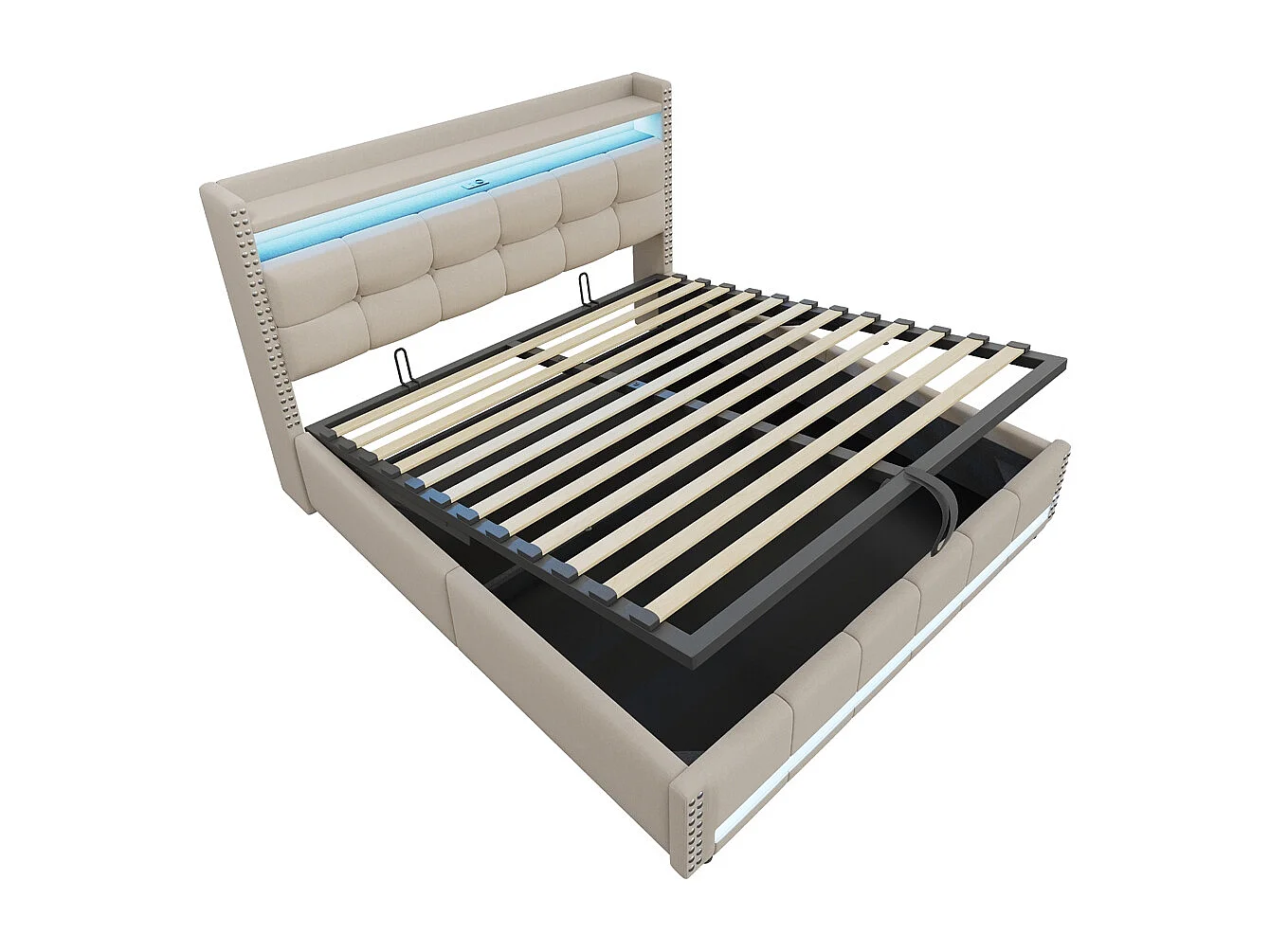 Lit coffre rembourré 180x200 avec éclairage LED et prise USB tête de lit avec étagères et espace de rangement tissu en lin beige