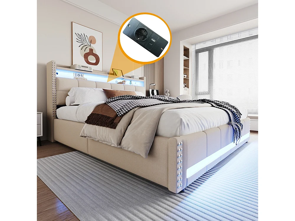 Lit coffre rembourré 180x200 avec éclairage LED et prise USB tête de lit avec étagères et espace de rangement tissu en lin beige
