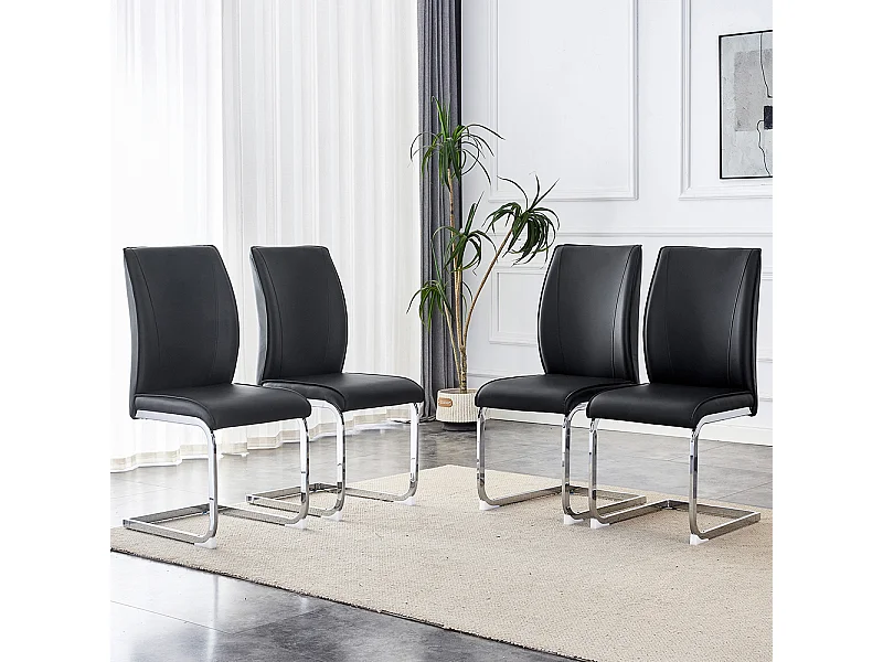 Lot de 4 chaises PU noir confortables pieds métal argenté élégance design moderne