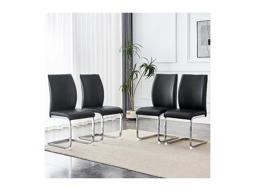 Lot de 4 chaises PU noir confortables pieds métal argenté élégance design moderne