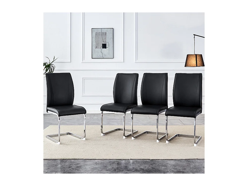 Lot de 4 chaises PU noir confortables pieds métal argenté élégance design moderne