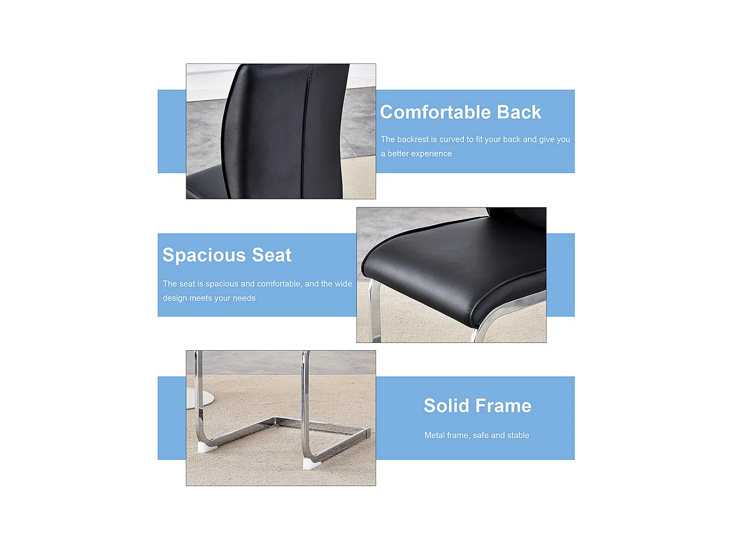 Lot de 4 chaises PU noir confortables pieds métal argenté élégance design moderne