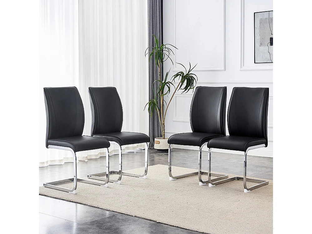 Lot de 4 chaises PU noir confortables pieds métal argenté élégance design moderne
