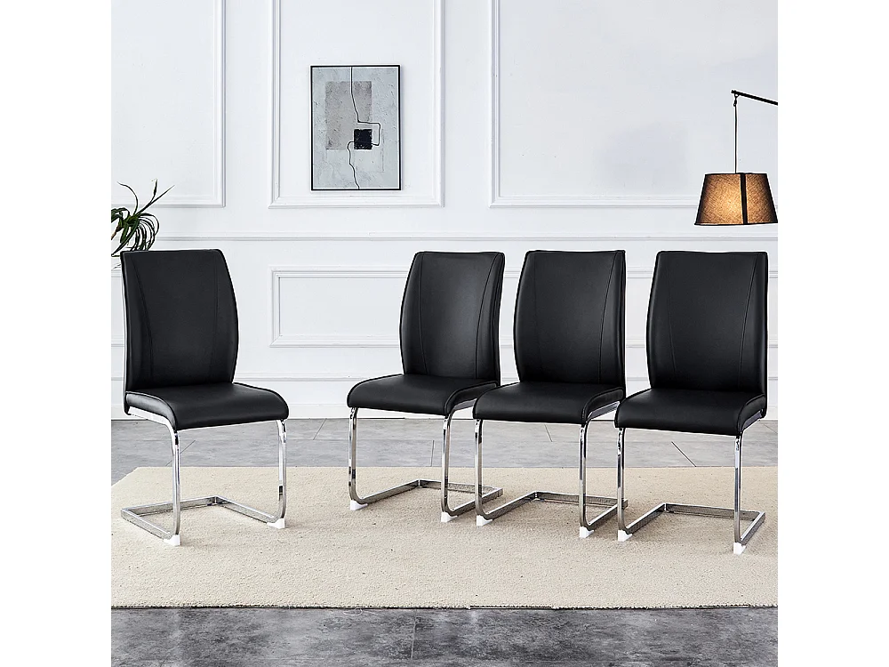 Lot de 4 chaises PU noir confortables pieds métal argenté élégance design moderne