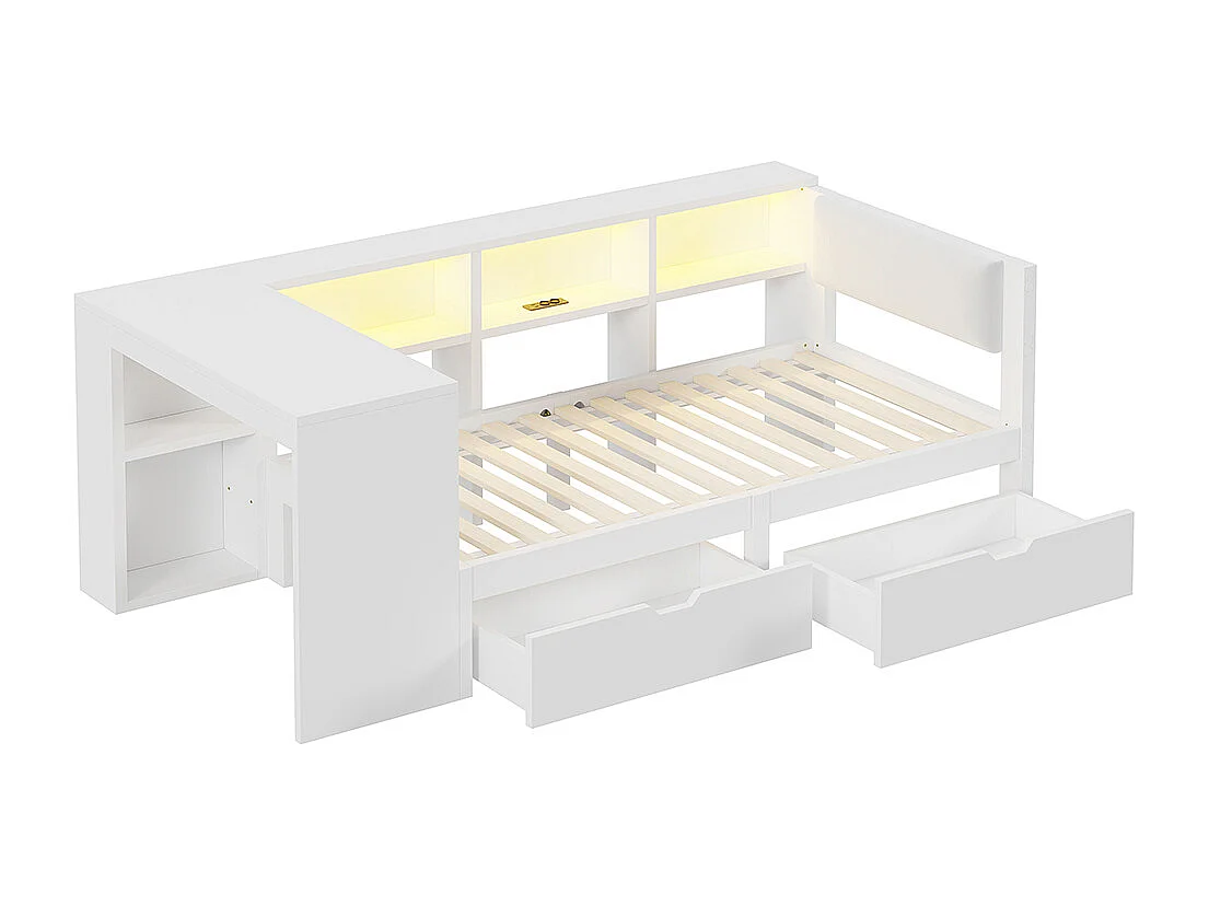 Lit combiné bois 90x200 rangements tiroirs station recharge tête lit rembourrée lumières LED blanc