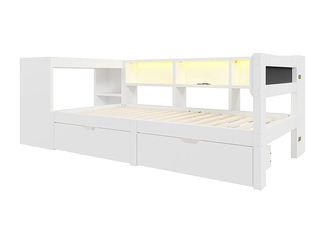 Lit combiné bois 90x200 rangements tiroirs station recharge tête lit rembourrée lumières LED blanc