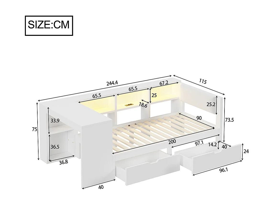 Lit combiné bois 90x200 rangements tiroirs station recharge tête lit rembourrée lumières LED blanc