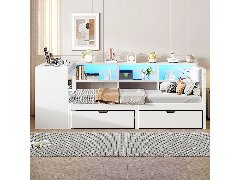 Lit combiné bois 90x200 rangements tiroirs station recharge tête lit rembourrée lumières LED blanc