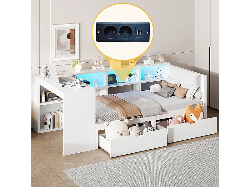 Lit combiné bois 90x200 rangements tiroirs station recharge tête lit rembourrée lumières LED blanc