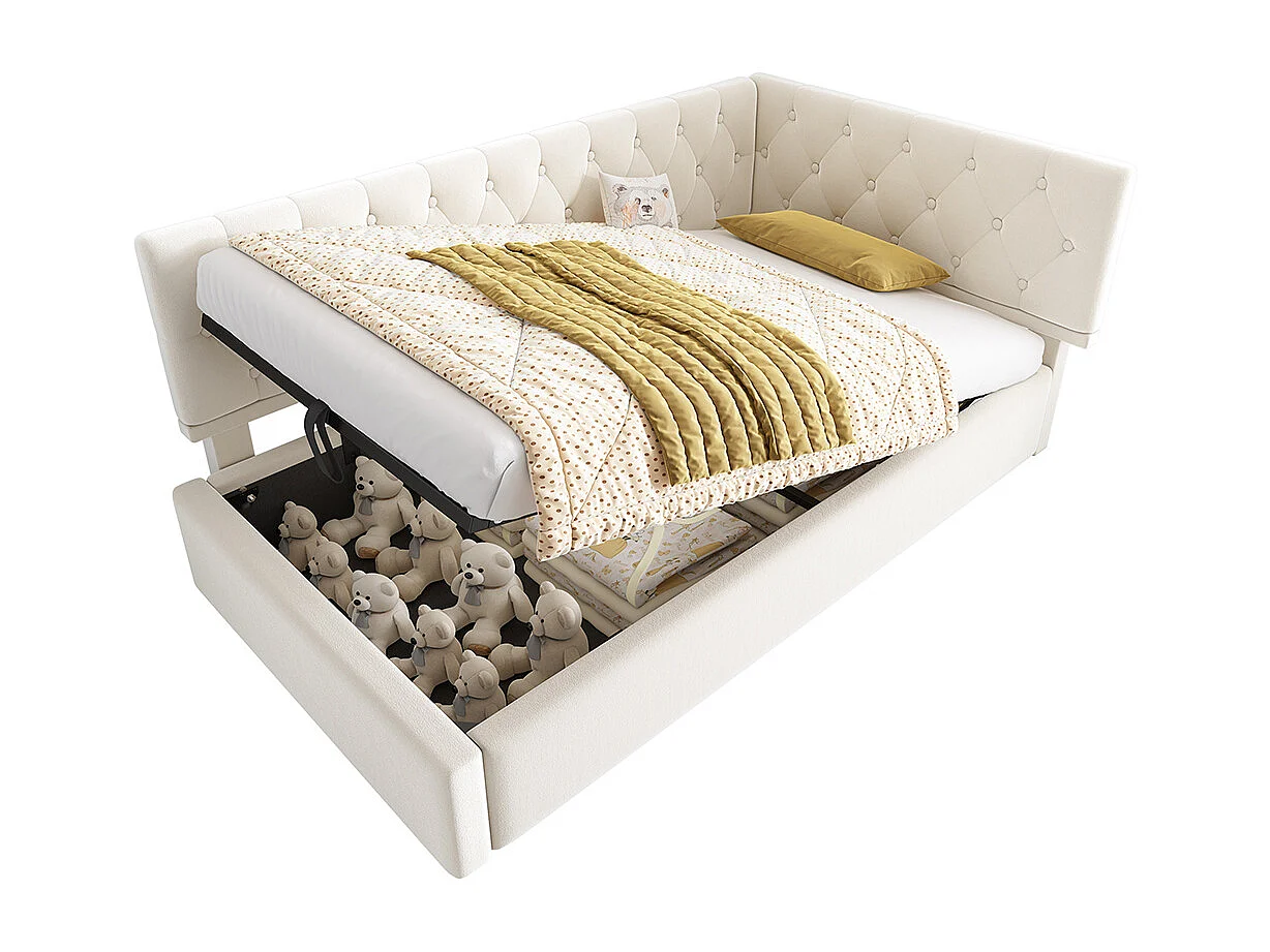 Lit coffre lit de jour 90x190 cm avec espace de rangement hydraulique lit pour enfant ou adolescent sommier à lattes en bois velours beige
