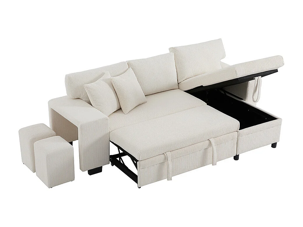 Canapé d'angle convertible fonction couchage L port USB coussins 3 places tablettes latérales espace rangement beige