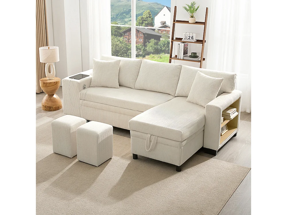 Canapé d'angle convertible fonction couchage L port USB coussins 3 places tablettes latérales espace rangement beige