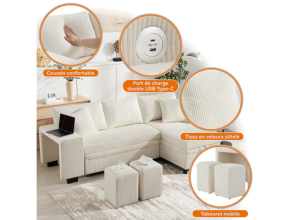 Canapé d'angle convertible fonction couchage L port USB coussins 3 places tablettes latérales espace rangement beige