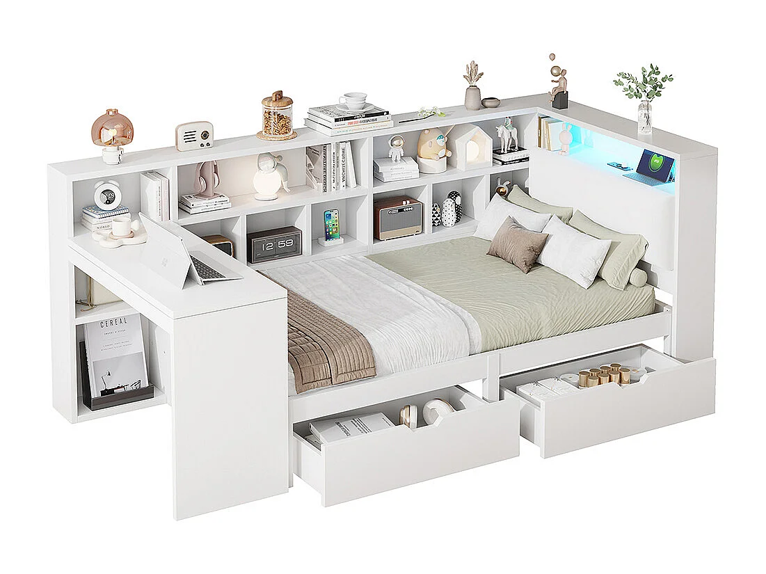 Lit combiné dangle plateforme L bois 90x200 bureau bibliothèque tête rembourrée tiroirs sous lit LED blanc