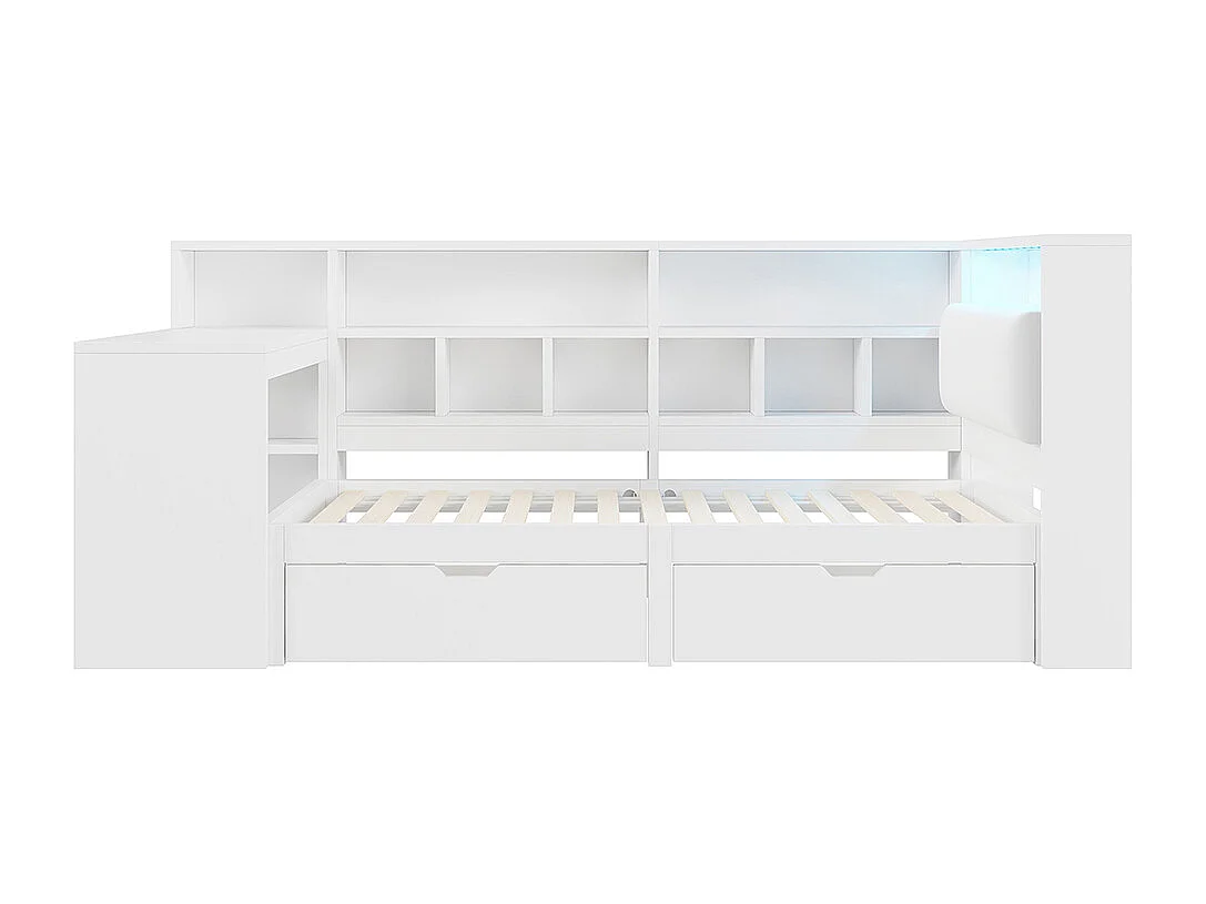 Lit combiné dangle plateforme L bois 90x200 bureau bibliothèque tête rembourrée tiroirs sous lit LED blanc