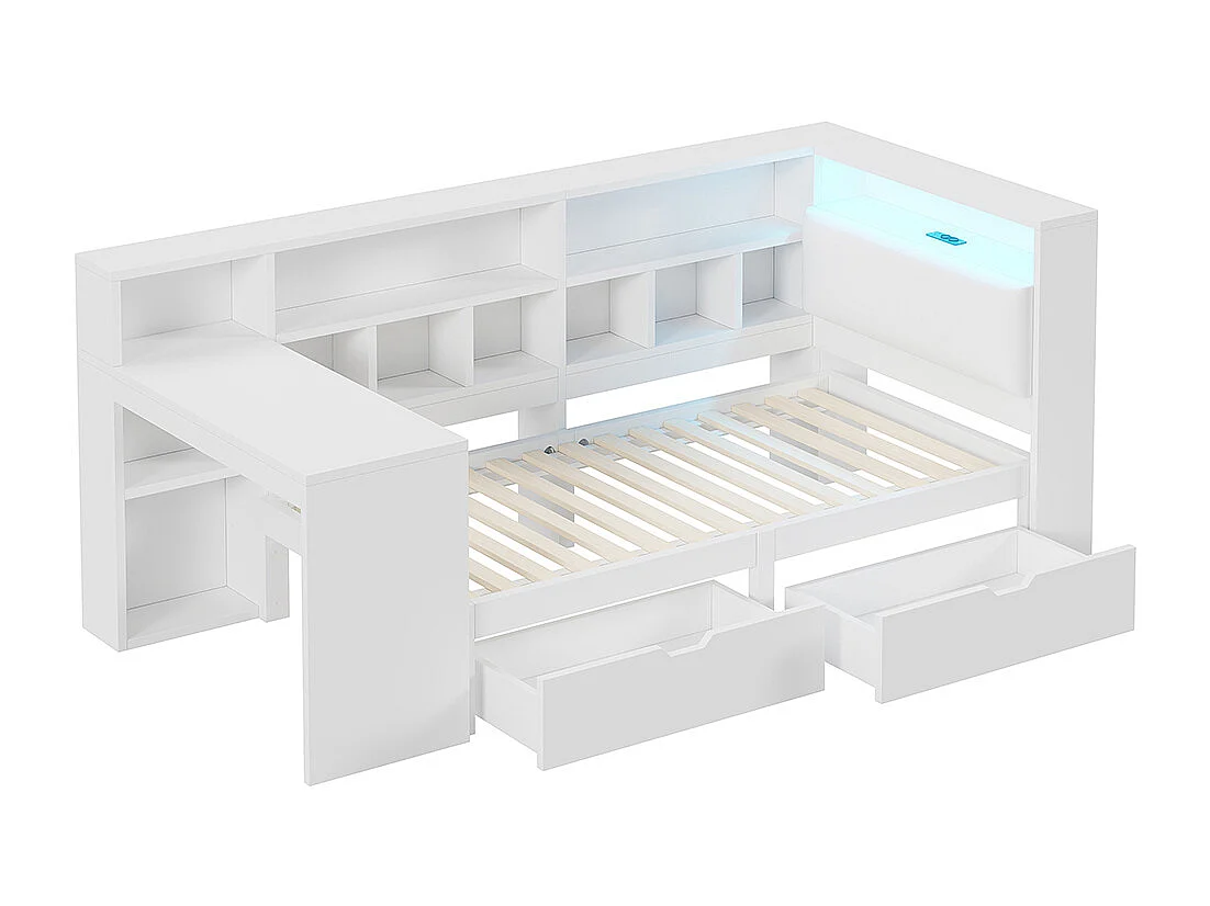 Lit combiné dangle plateforme L bois 90x200 bureau bibliothèque tête rembourrée tiroirs sous lit LED blanc