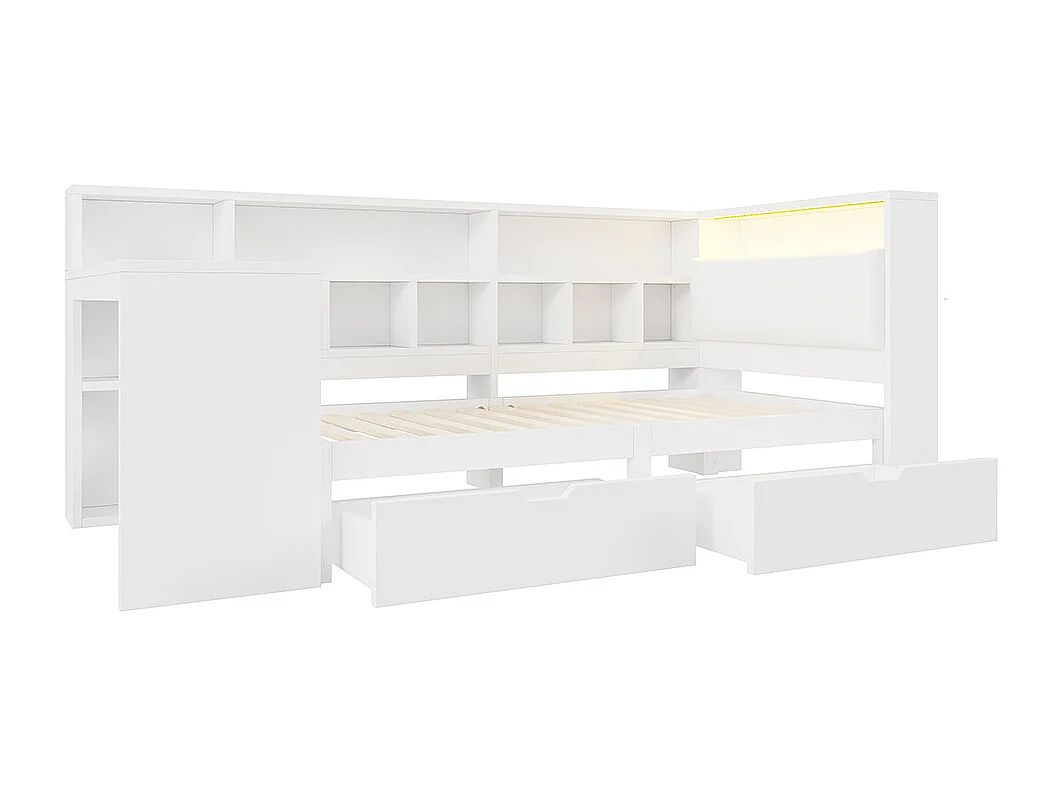 Lit combiné dangle plateforme L bois 90x200 bureau bibliothèque tête rembourrée tiroirs sous lit LED blanc