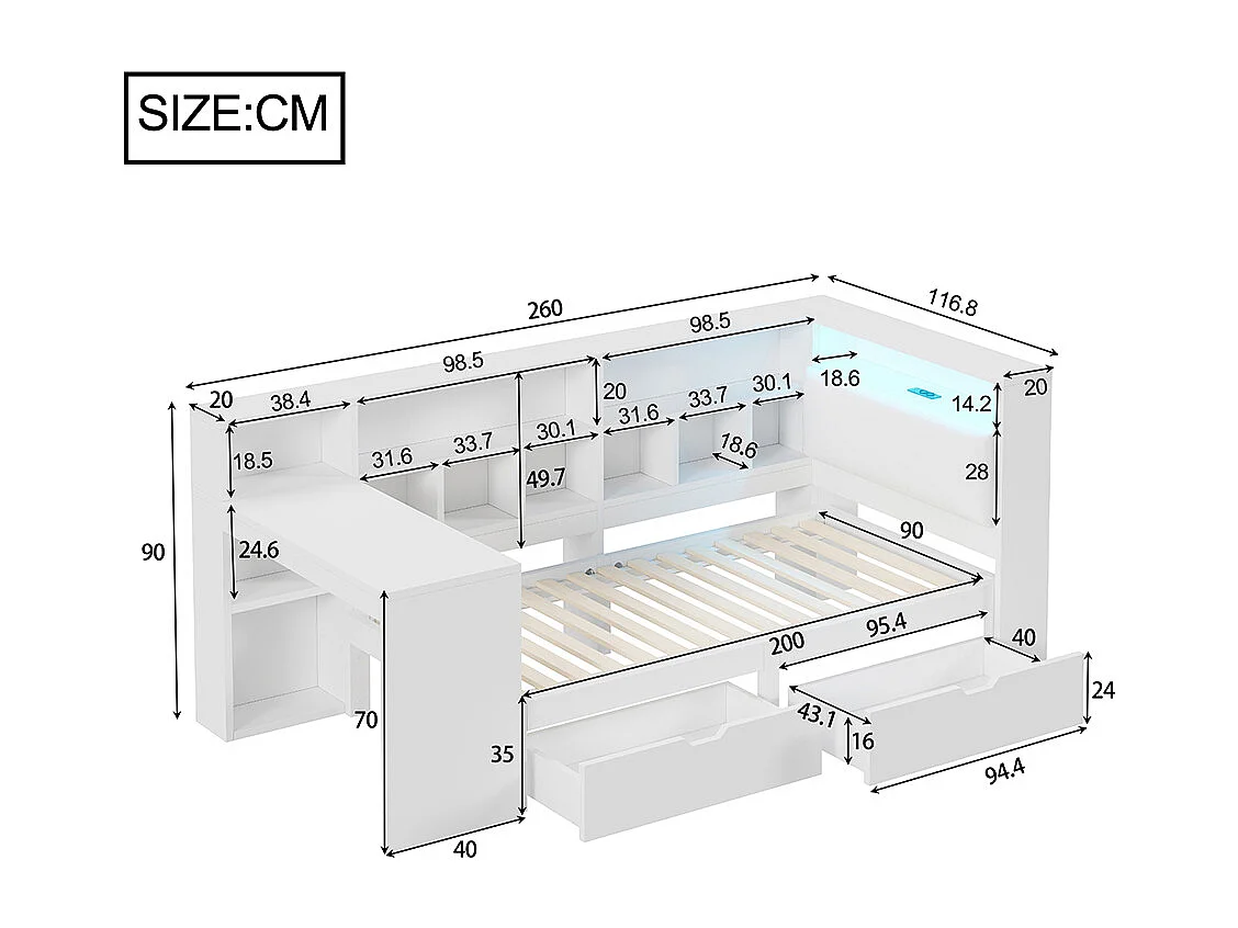 Lit combiné dangle plateforme L bois 90x200 bureau bibliothèque tête rembourrée tiroirs sous lit LED blanc
