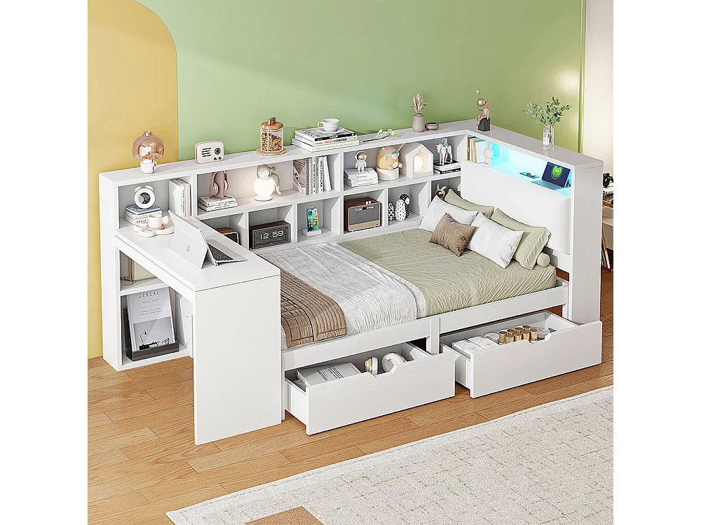 Lit combiné dangle plateforme L bois 90x200 bureau bibliothèque tête rembourrée tiroirs sous lit LED blanc