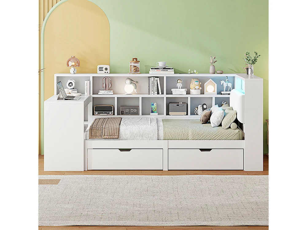 Lit combiné dangle plateforme L bois 90x200 bureau bibliothèque tête rembourrée tiroirs sous lit LED blanc