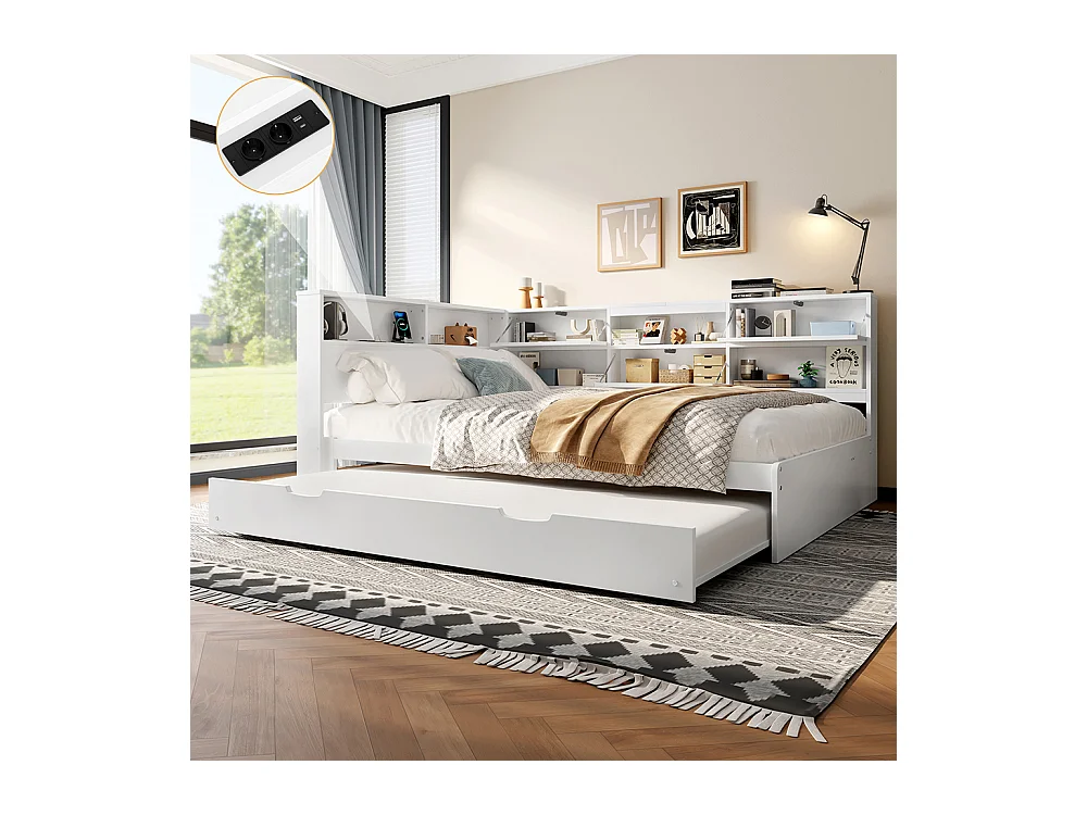 Lit combiné lit de jour canapé-lit 140x200 cm tête de lit rangement gigogne sans matelas blanc