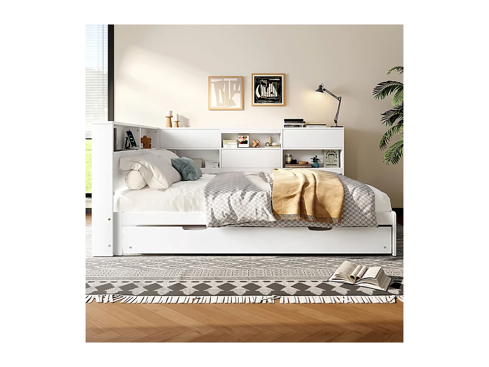 Lit combiné lit de jour canapé-lit 140x200 cm tête de lit rangement gigogne sans matelas blanc