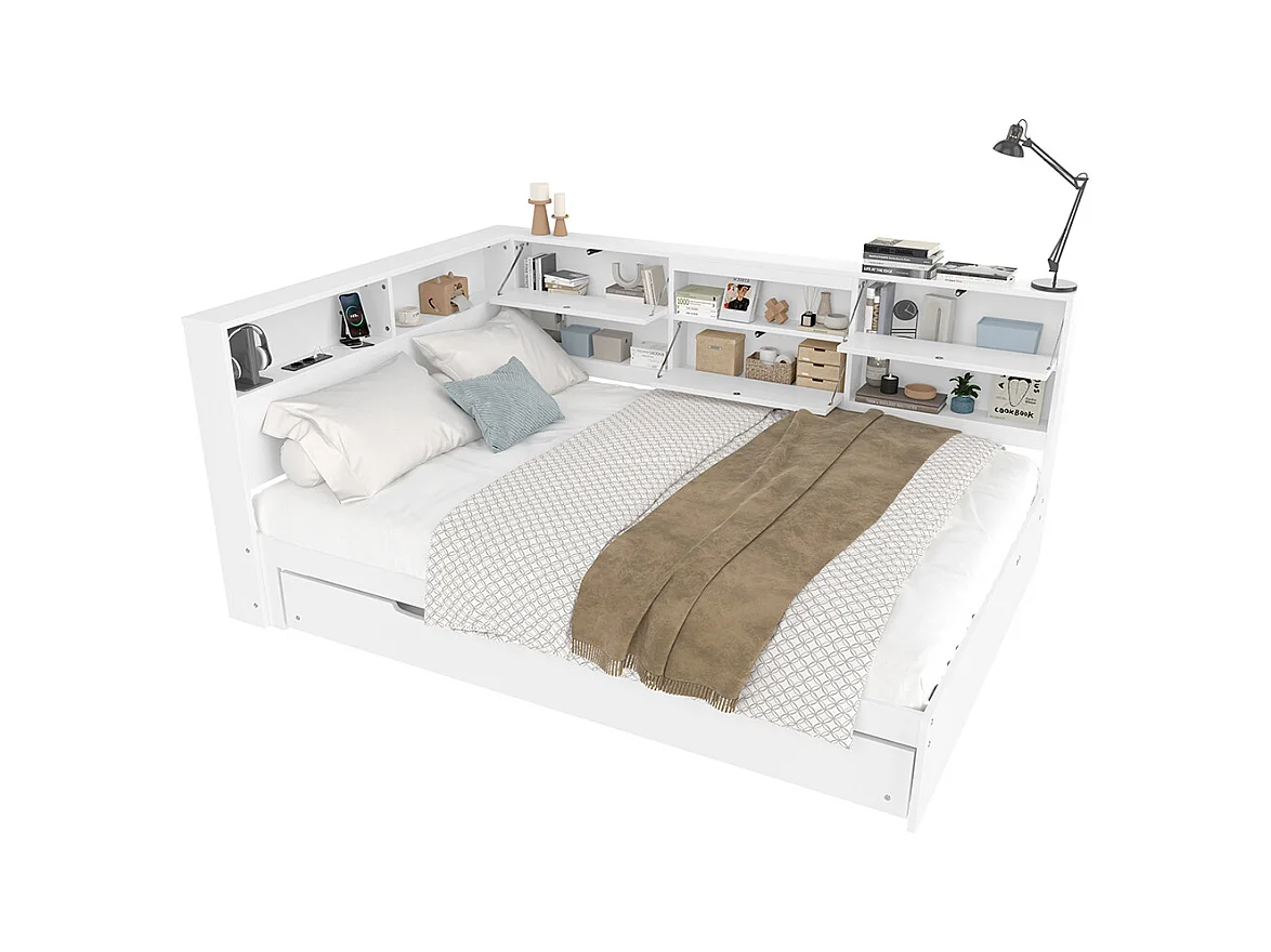 Lit combiné lit de jour canapé-lit 140x200 cm tête de lit rangement gigogne sans matelas blanc
