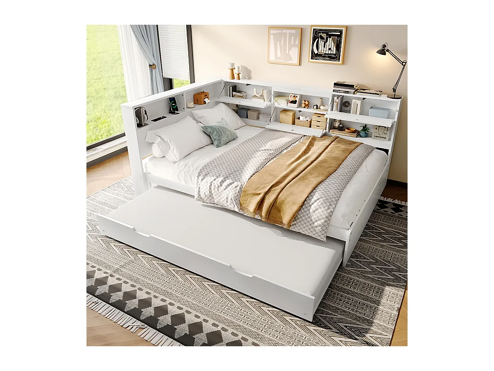 Lit combiné lit de jour canapé-lit 140x200 cm tête de lit rangement gigogne sans matelas blanc