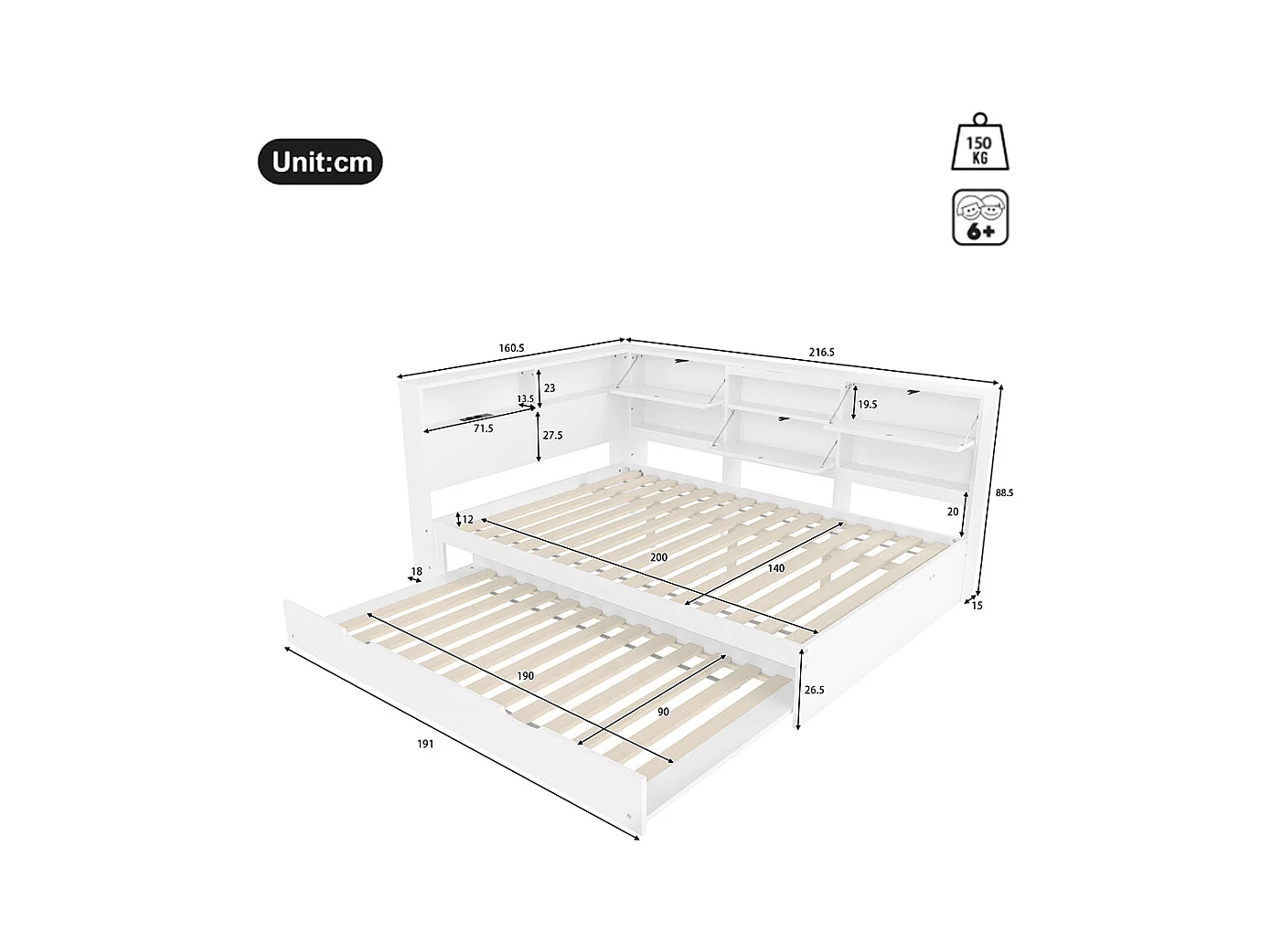 Lit combiné lit de jour canapé-lit 140x200 cm tête de lit rangement gigogne sans matelas blanc