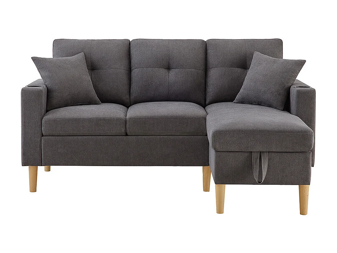 Canapé d'angle moderne L 3 places chaise longue espace rangement porte-gobelet intégré 2 coussins multi-usage gris foncé