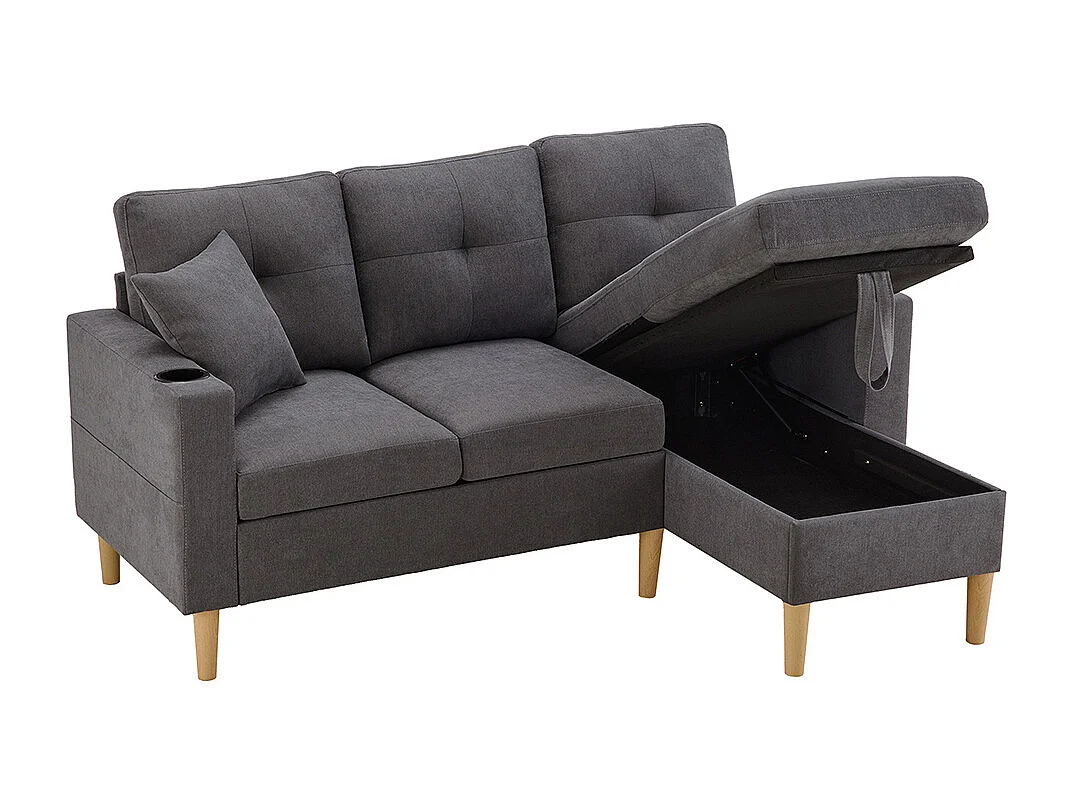 Canapé d'angle moderne L 3 places chaise longue espace rangement porte-gobelet intégré 2 coussins multi-usage gris foncé