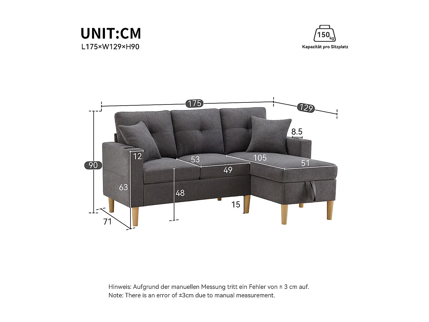 Canapé d'angle moderne L 3 places chaise longue espace rangement porte-gobelet intégré 2 coussins multi-usage gris foncé