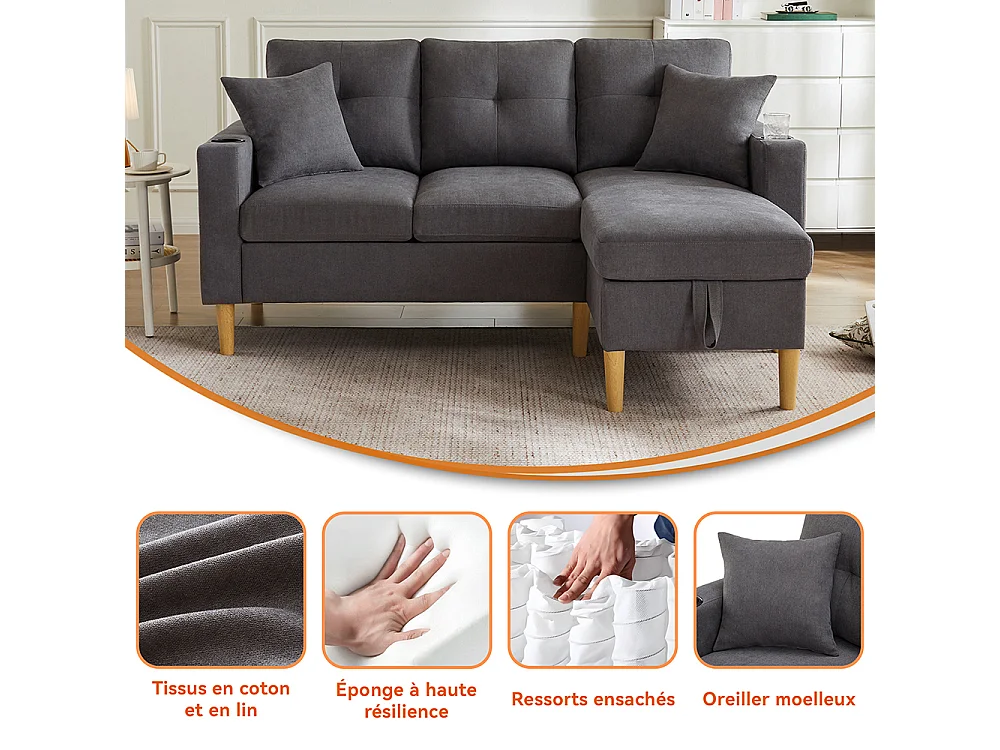 Canapé d'angle moderne L 3 places chaise longue espace rangement porte-gobelet intégré 2 coussins multi-usage gris foncé