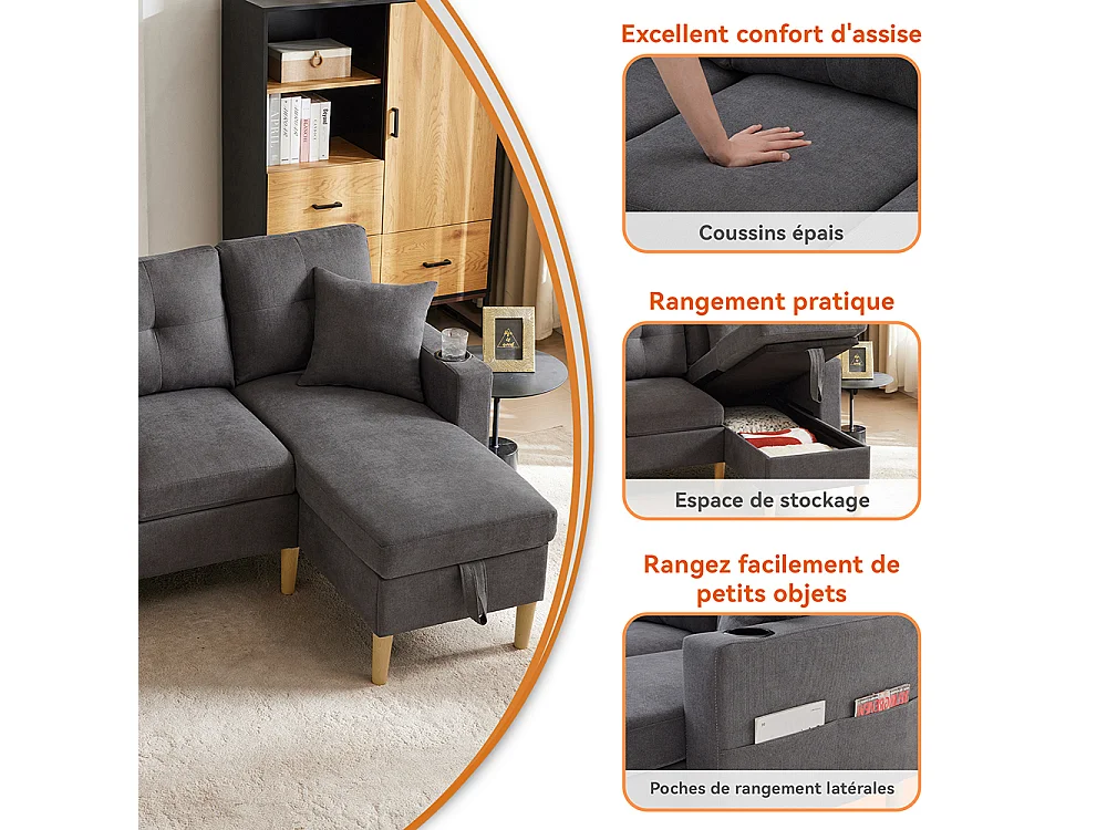 Canapé d'angle moderne L 3 places chaise longue espace rangement porte-gobelet intégré 2 coussins multi-usage gris foncé