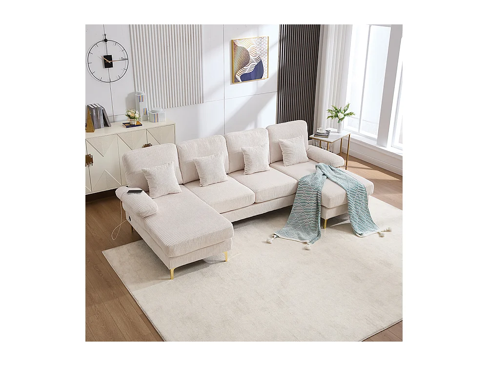 Canapé d'angle moderne éclairage LED port USB-C structure bois massif 4 coussins dossier ergonomique confort maximal beige