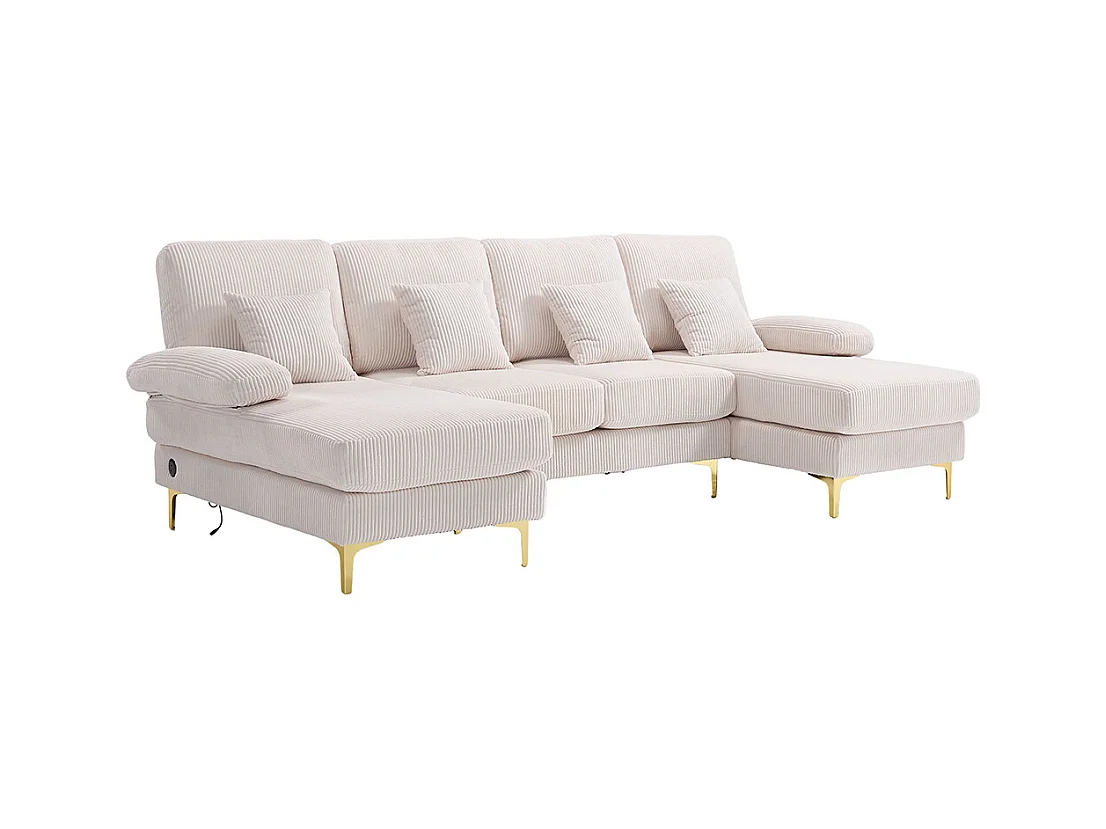 Canapé d'angle moderne éclairage LED port USB-C structure bois massif 4 coussins dossier ergonomique confort maximal beige