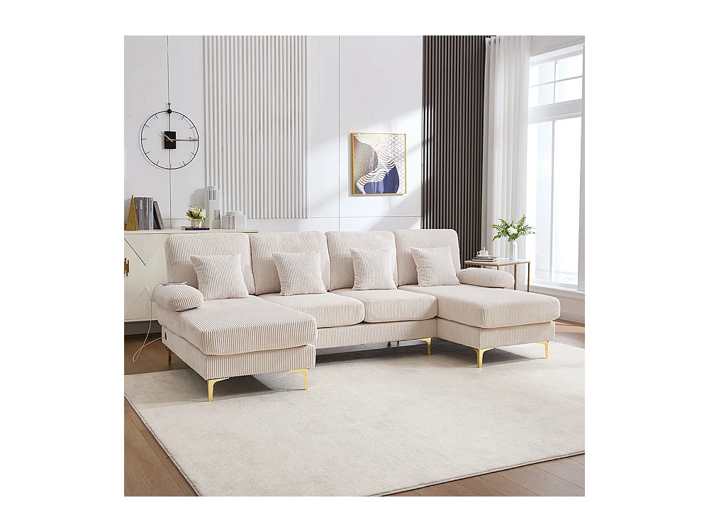 Canapé d'angle moderne éclairage LED port USB-C structure bois massif 4 coussins dossier ergonomique confort maximal beige