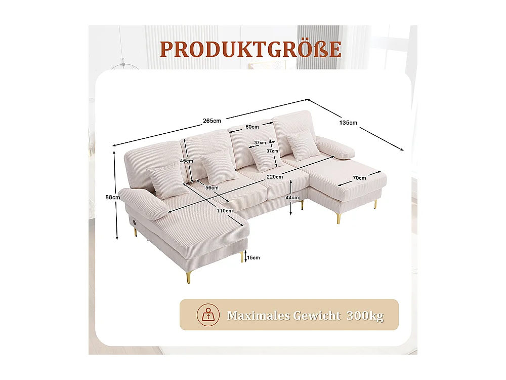 Canapé d'angle moderne éclairage LED port USB-C structure bois massif 4 coussins dossier ergonomique confort maximal beige