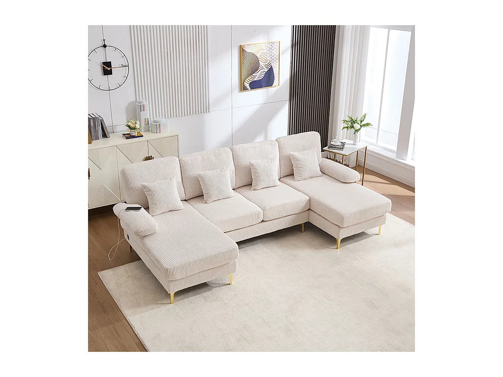 Canapé d'angle moderne éclairage LED port USB-C structure bois massif 4 coussins dossier ergonomique confort maximal beige